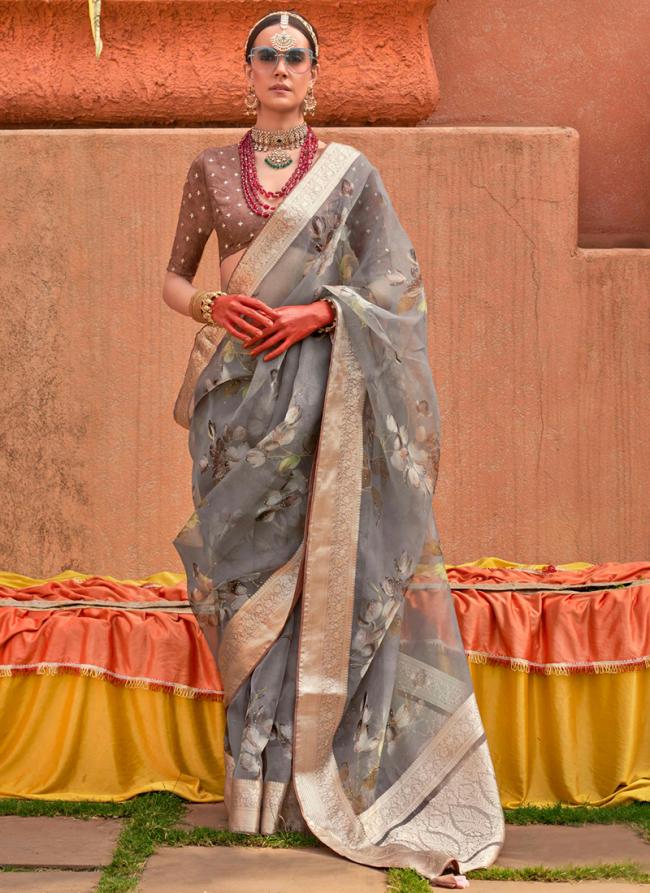 Organza Silk Grey Casual Wear Printed Saree